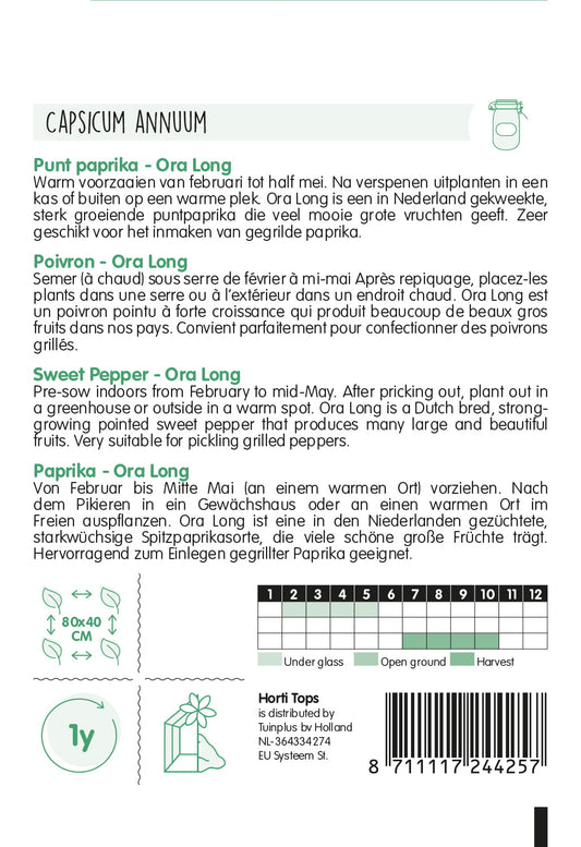 Suippopaprikan siemenpussin takapuoli, jossa on kylvöohjeet ja tuotekuvaus.