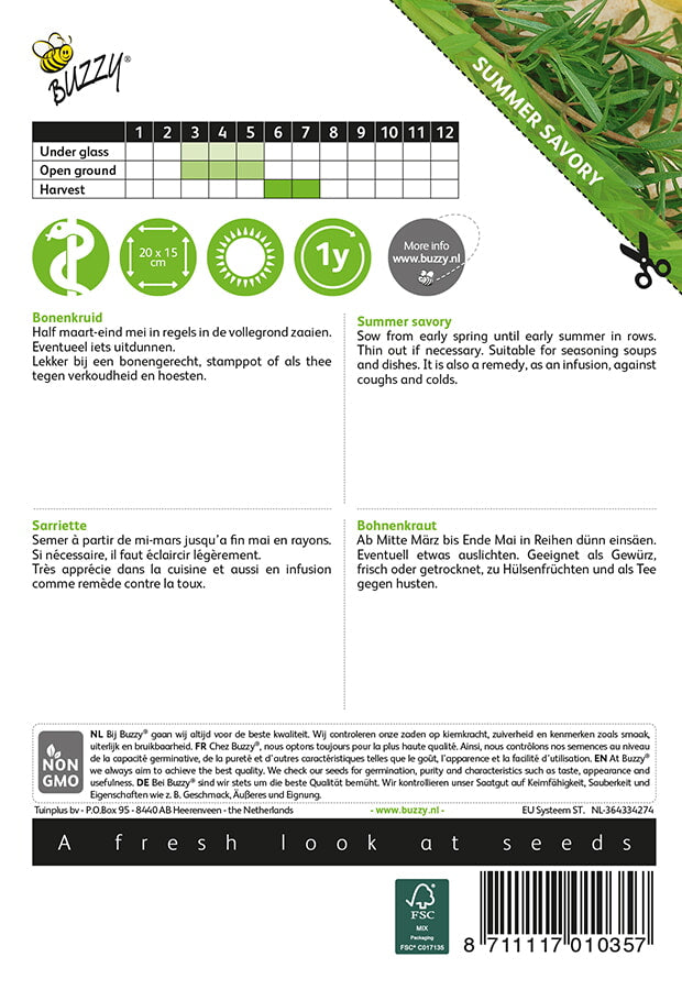 Valkosipulimainen kevätsipuli – Allium fistulosum -tuotteen takapuoli, jossa kylvö- ja hoito-ohjeet