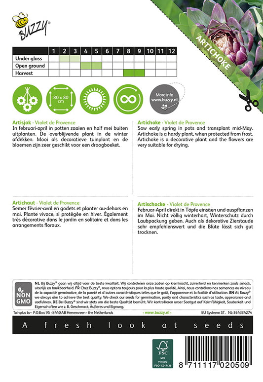 Siemenpussin takapuoli, jossa kasvatusohjeet violetille latva-artisokalle.