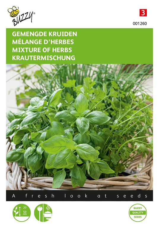 Siemenpussi, jossa Buzzy® Mixed Herbs -yrttisekoitus. Monivärinen etupuoli ja Buzzy®-brändi.