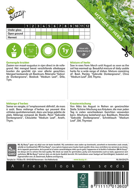 Yrttisekoituksen siemenpussin takapuoli, jossa kylvö- ja hoito-ohjeet sekä viivakoodi.