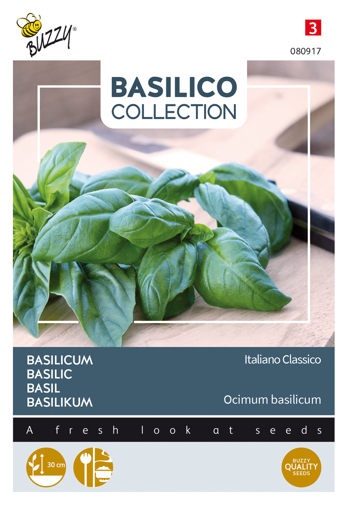 Basilika ‘Italiano Classico’ siemenpussin etupuoli, vihreälehtinen genovalainen basilika.