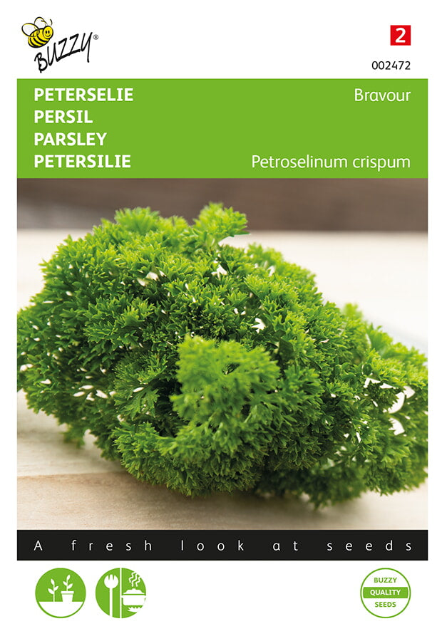 Kähäräpersilja Bravour -siemenpussin etupuoli, jossa näkyy tiheä ja koristeellinen persilja.