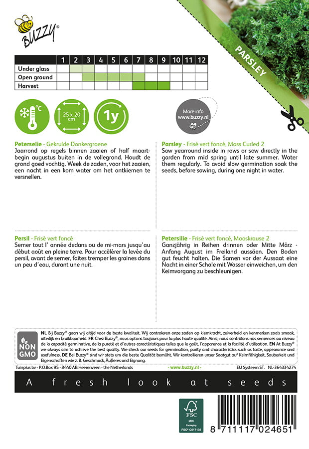 Kähäräpersilja Moss Curled 2 -siemenpussin takapuoli, jossa on ohjeita ja tuotetietoja.