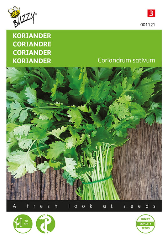 Korianteri (Coriandrum sativum) -siemenpussin etupuoli, jossa näkyvät lehdet ja tuotemerkki Buzzy®
