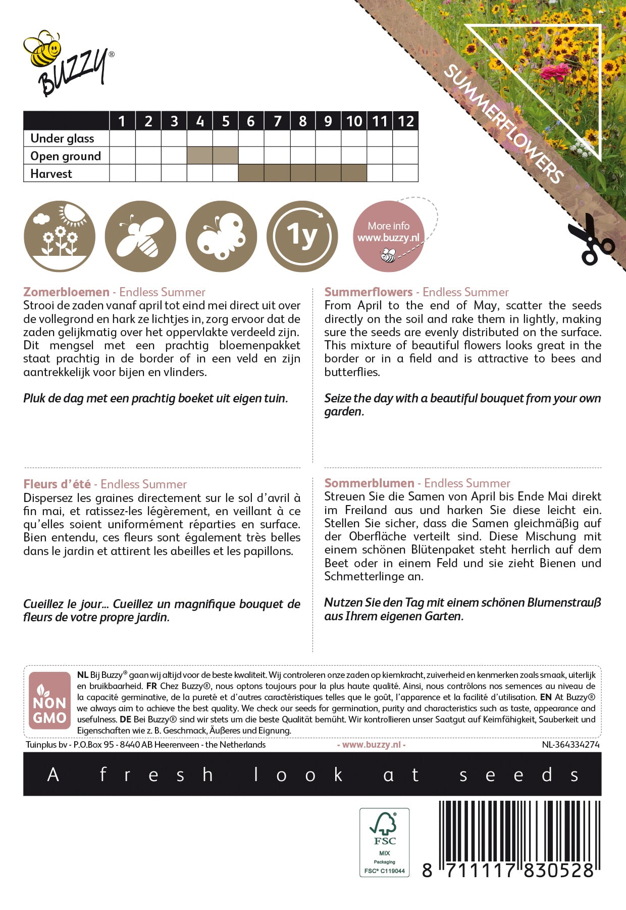 Siemenpussin takapuoli, jossa näkyvät kylvöohjeet ja sisältötiedot.
