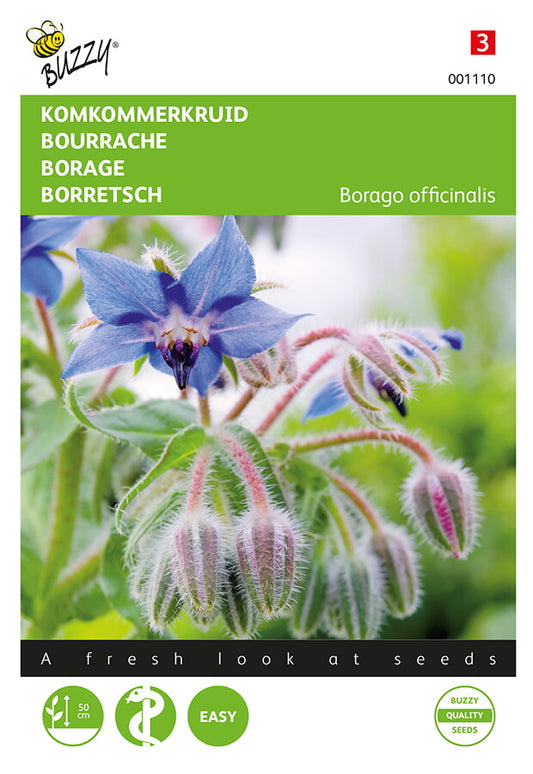 Kurkkuyrtti (Borago officinalis) -siemenpussin etupuoli, jossa sinisiä kukkia ja Buzzy®-logo