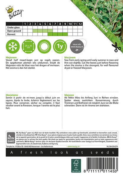 Meirami (Majorana hortensis) -siemenpussin takapuoli, jossa näkyvät kylvö- ja hoito-ohjeet