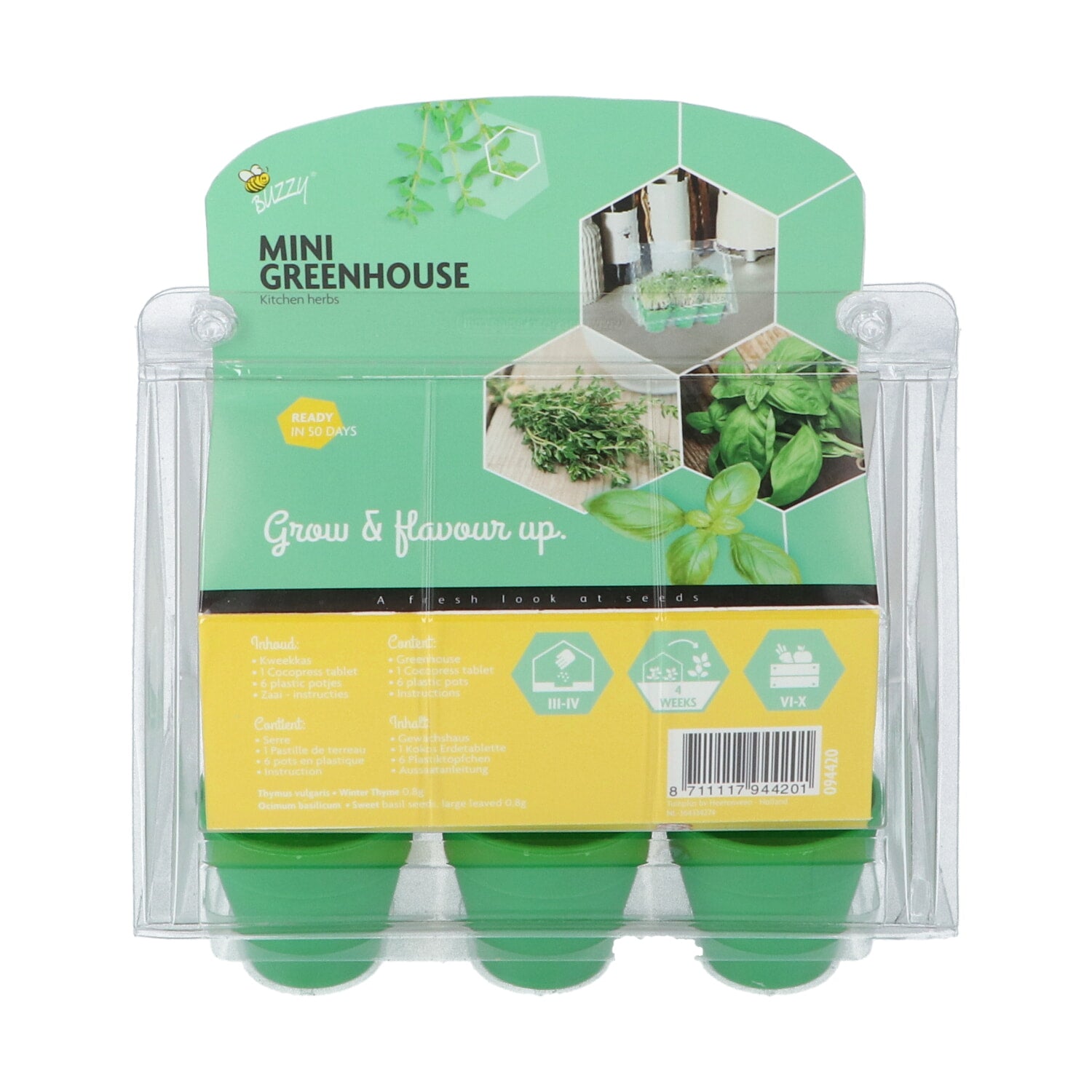 Mini-kasvihuoneen takapuoli – tiedot sisällöstä ja käyttöohjeet.