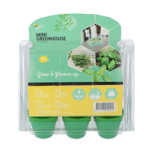 Mini-kasvihuoneen takapuoli – tiedot sisällöstä ja käyttöohjeet.