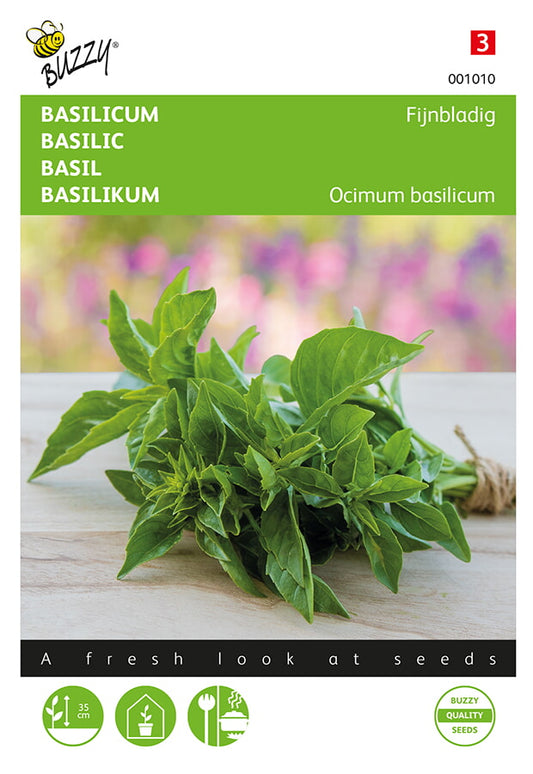 Pienilehtinen pensasbasilika – Ocimum basilicum -siemenpussin etupuoli, jossa näkyy siemenpussi ja Buzzy Seeds -brändilogo.