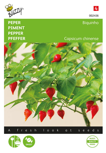Pepper Biquinho -siemenpussin etupuoli, jossa näkyy kyynelmäisiä punaisia chilejä.