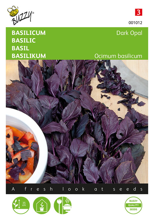 Purppurabasilika – Ocimum basilicum ‘Dark Opal’ -siemenpussin etupuoli, jossa tummanvioletteja basilikan lehtiä