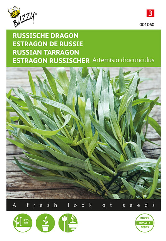 Rakuuna – Artemisia dracunculus -siemenpussin etupuoli, jossa näkyy kasvin kuva ja tuotetiedot
