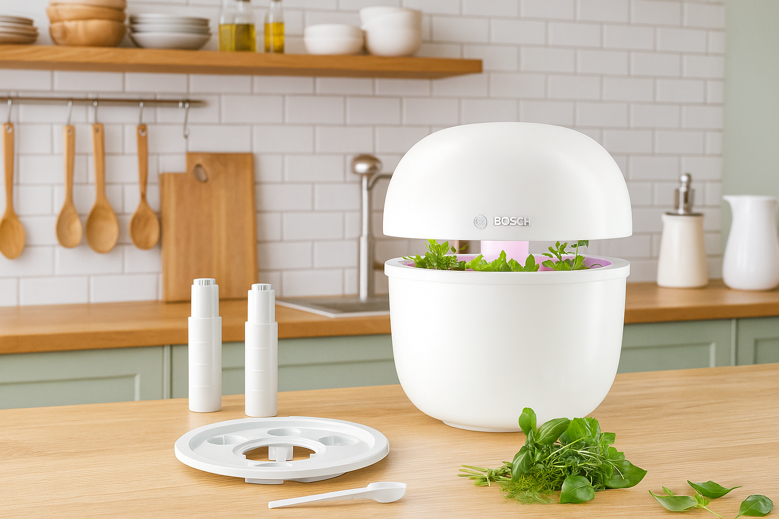 Bosch SmartGrow 3 -sisäpuutarhalaite keittiössä, tuoreita yrttejä kasvamassa valaistun kupukannen alla.