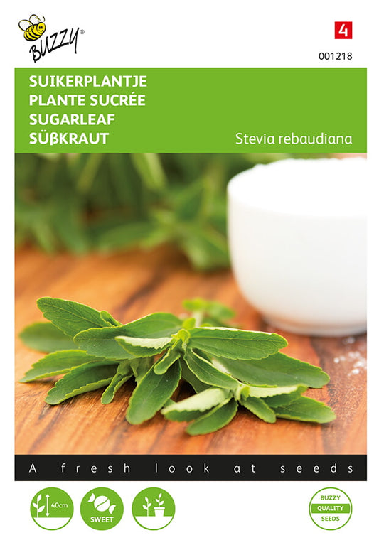 Siemenpussi, jossa Sokerilehti (Stevia rebaudiana) -yrtti. Buzzy®-brändi, vihreäsävyinen etupuoli.