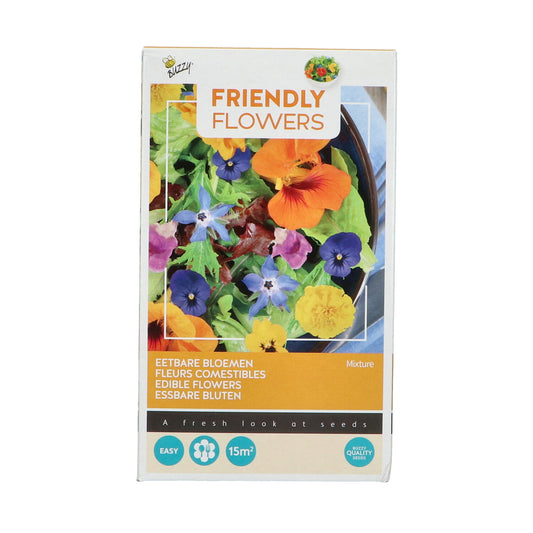 Syötävät kukat – Buzzy Seeds siemenseos 15 m² etupuoli.
