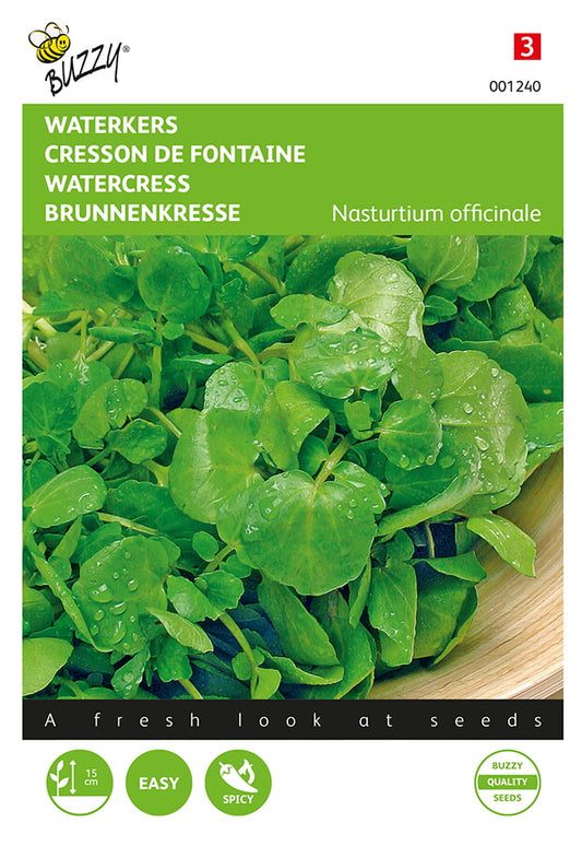 Siemenpussi, jossa Vesikrassi (Nasturtium officinale). Buzzy®-brändi, vihreänsävyinen etupuoli.