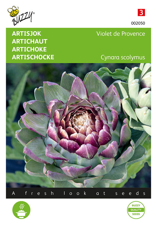 Siemenpussi, jossa violetti latva-artisokka (Cynara cardunculus). Buzzy®-brändi, värikäs etupuolen kuva.